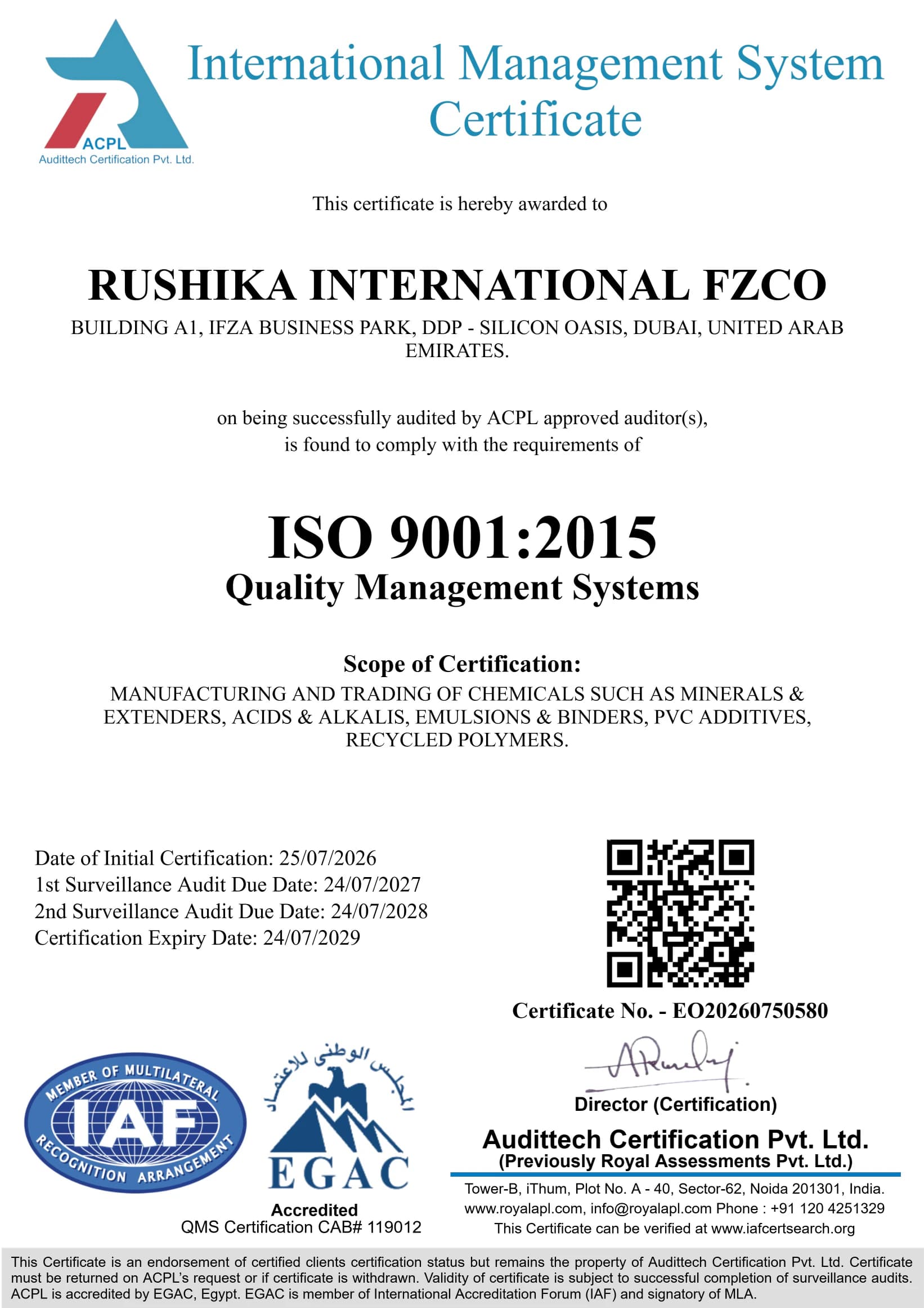 ISO 9001:2015 certificate issued to Rushika International FZCO