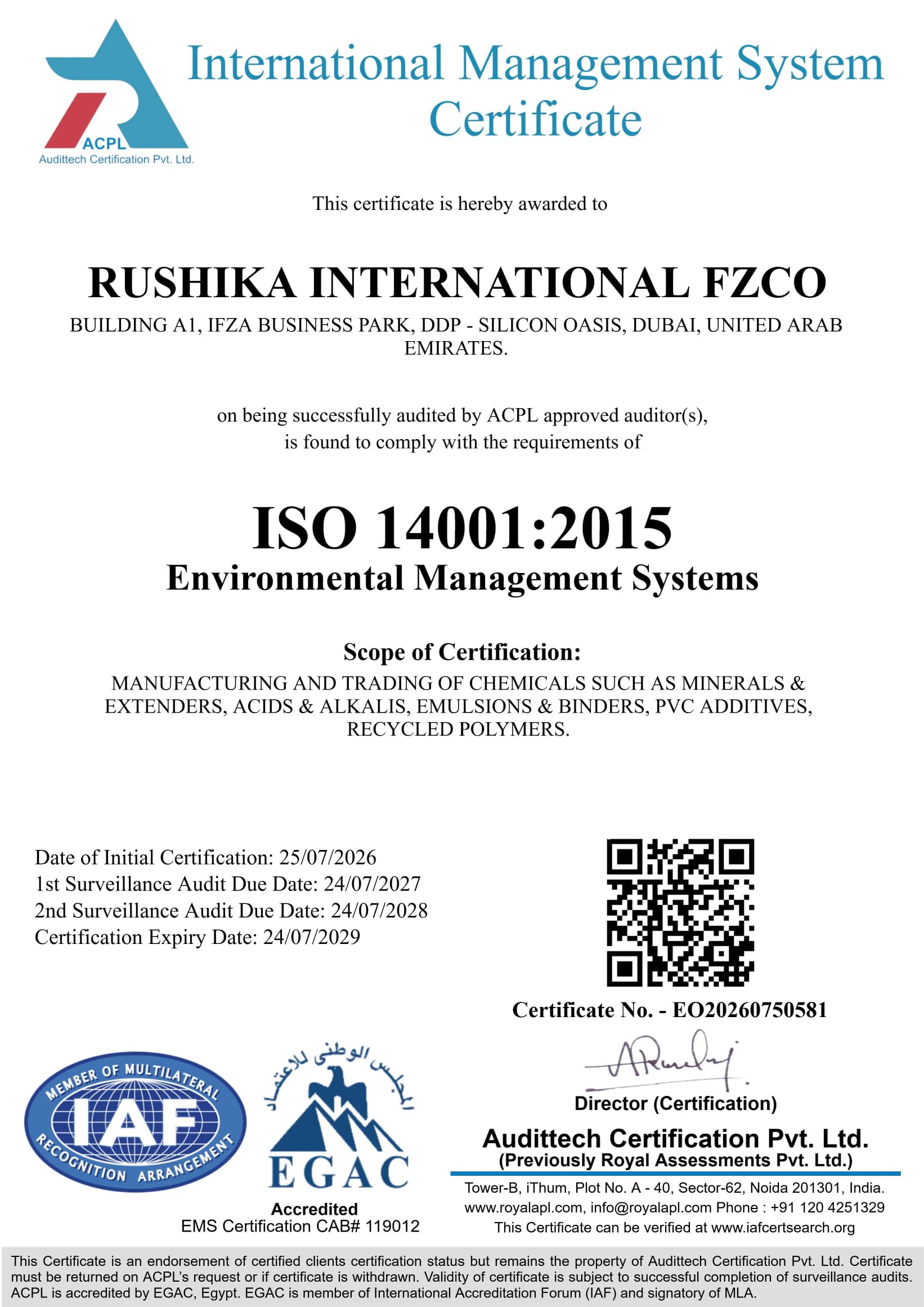 ISO 14001:2015 certificate issued to Rushika International FZCO