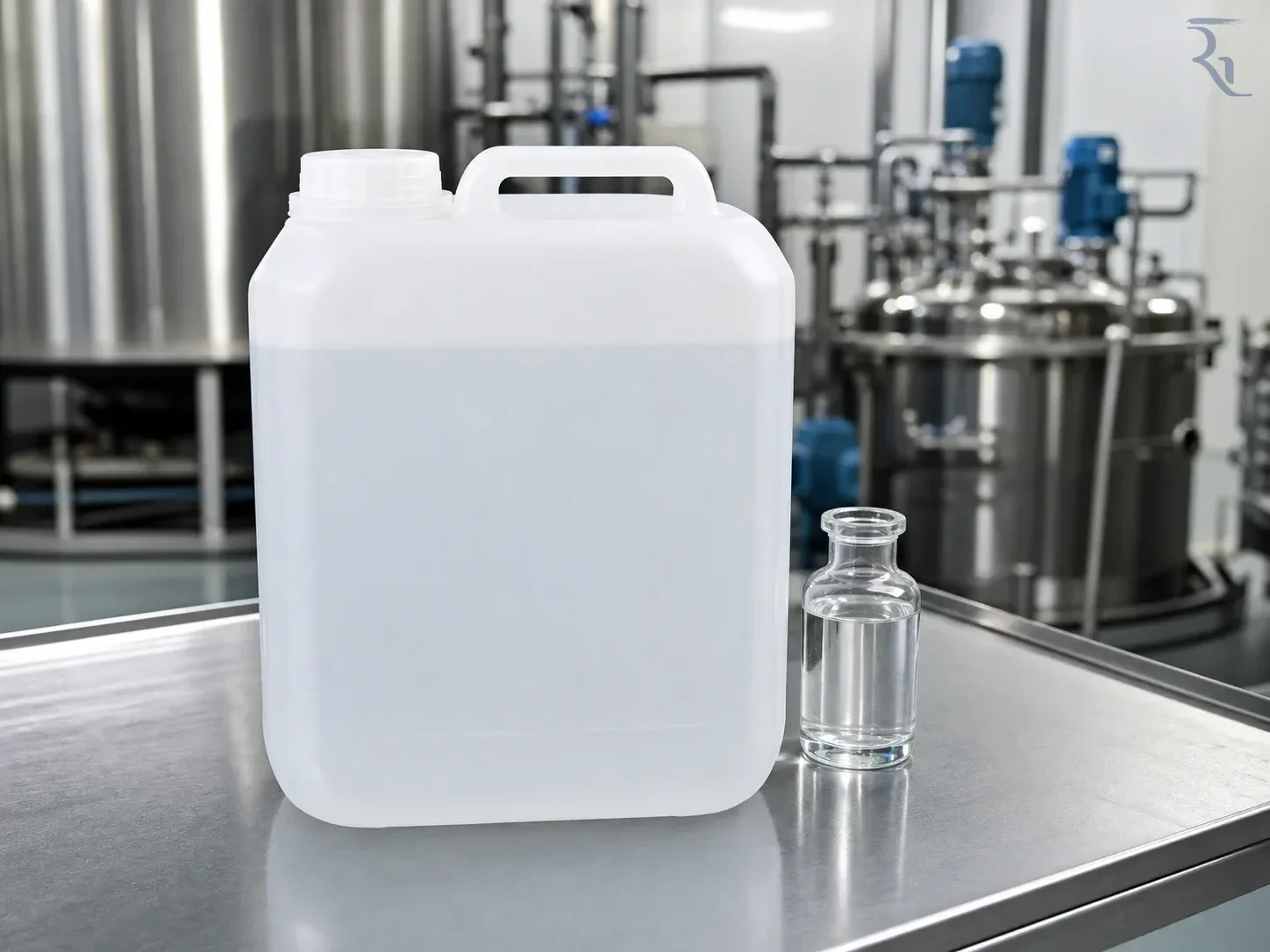 Clear food-grade phosphoric acid liquid in sealed industrial and quality-control containers