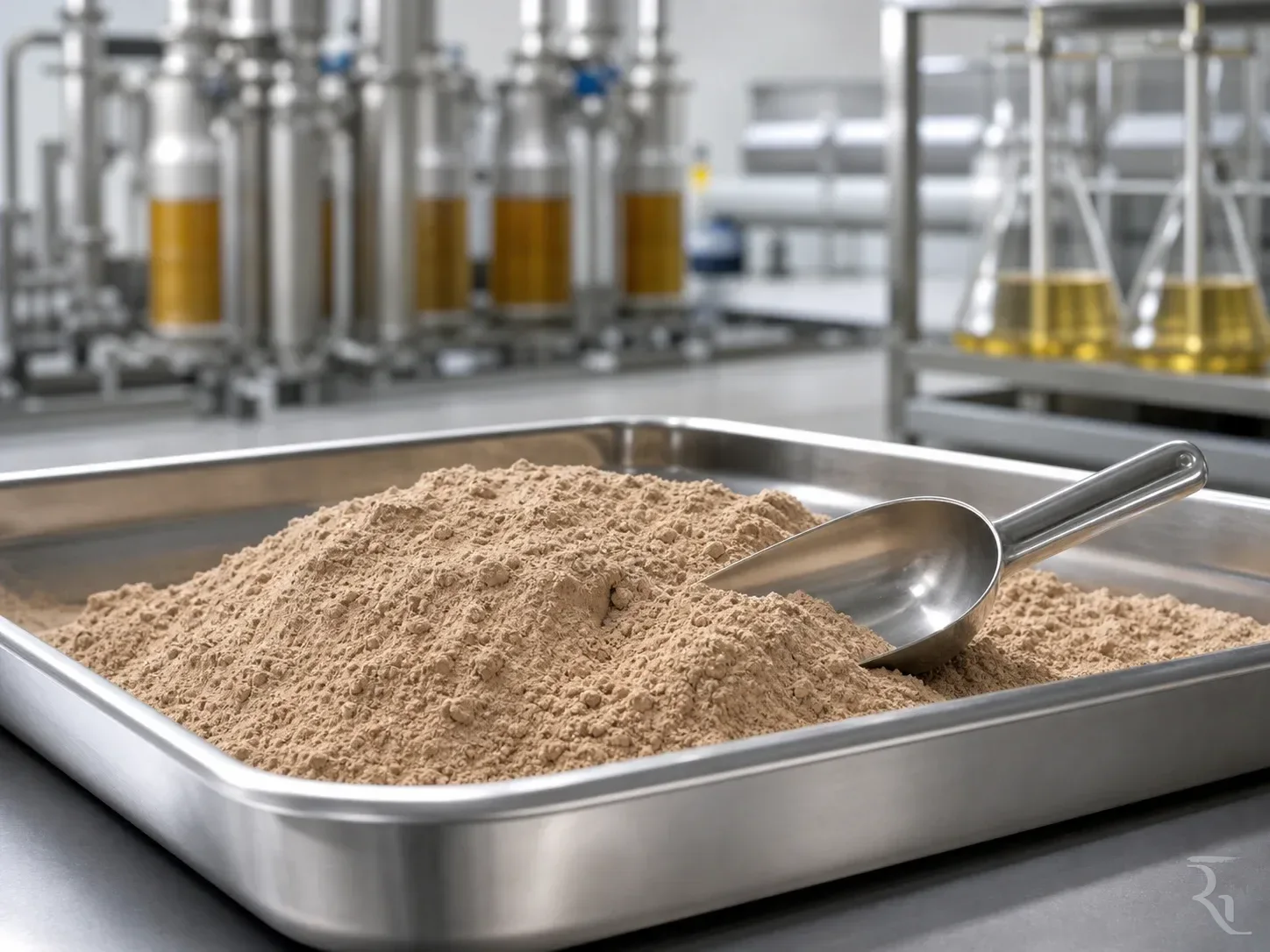 Fine Activated Bleaching Earth powder in a stainless-steel sampling tray